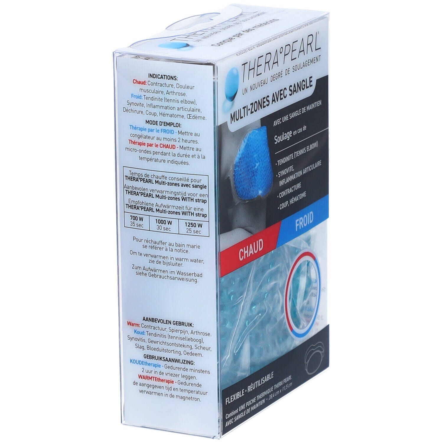 Thera°Pearl Multi-Zones avec Sangle. Emballage, vue latérale. Produit partiellement visible. Texte: Chaud/Froid, mode d'emploi.