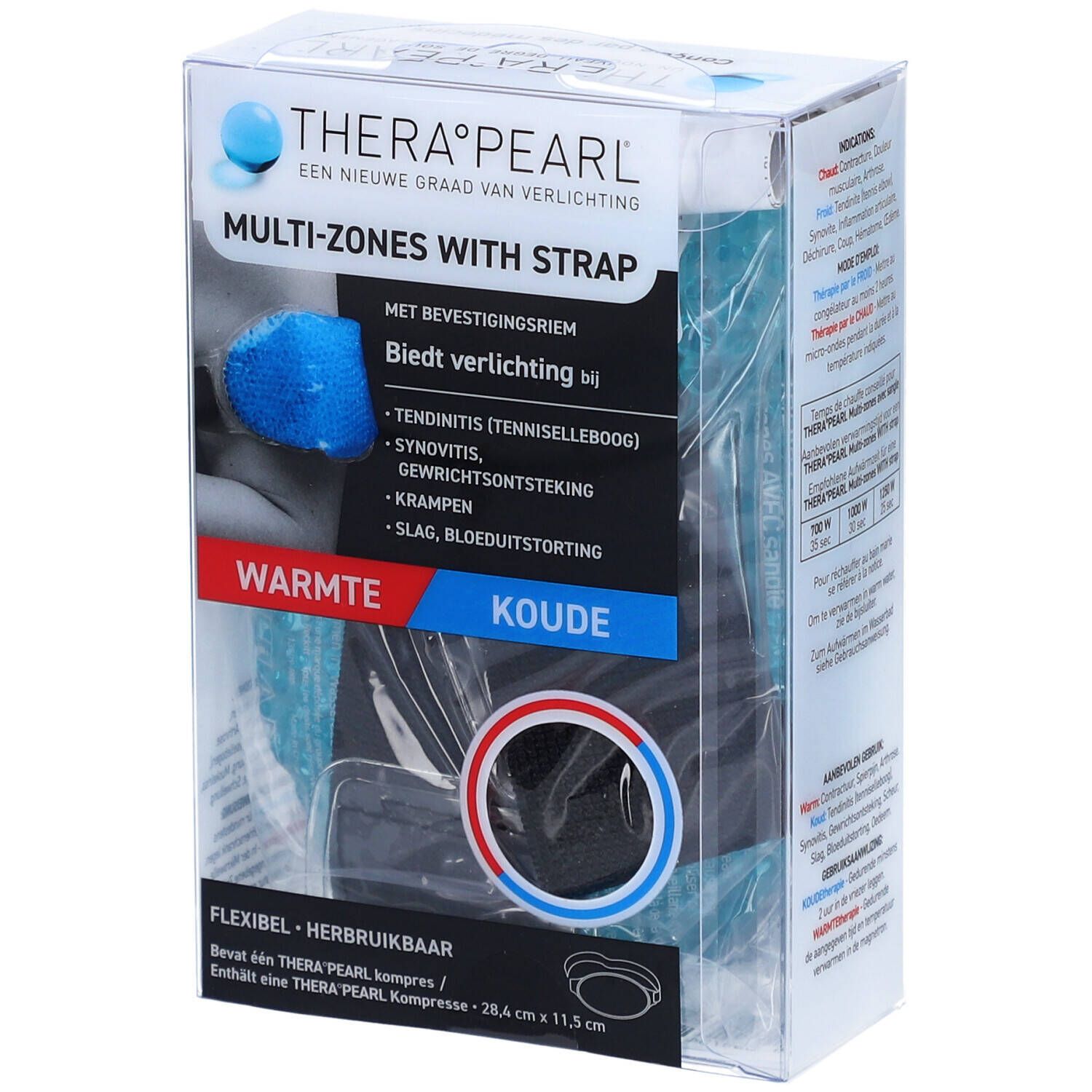 Thera°Pearl Multi-Zones with Strap. Emballage avec produit visible. Produit bleu visible. Texte: Warmte/Koude.