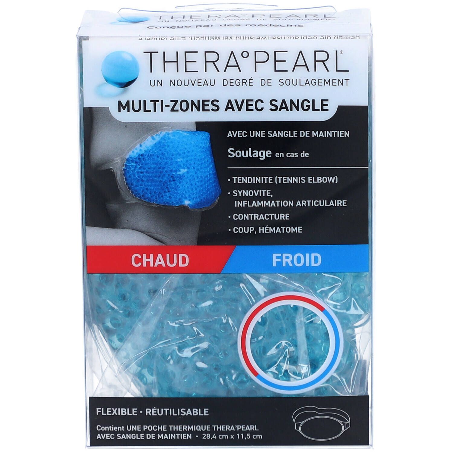 Thera°Pearl Multi-Zones avec Sangle. Emballage avec produit visible. Produit bleu visible. Texte: Chaud/Froid.