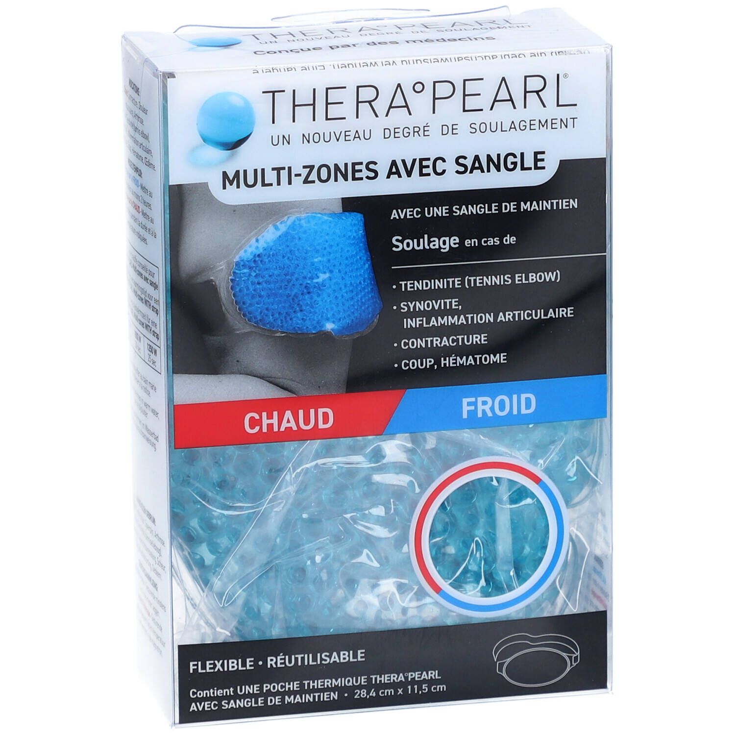 Thera°Pearl Multi-Zones avec Sangle. Emballage avec produit visible. Produit bleu visible. Texte: Chaud/Froid.