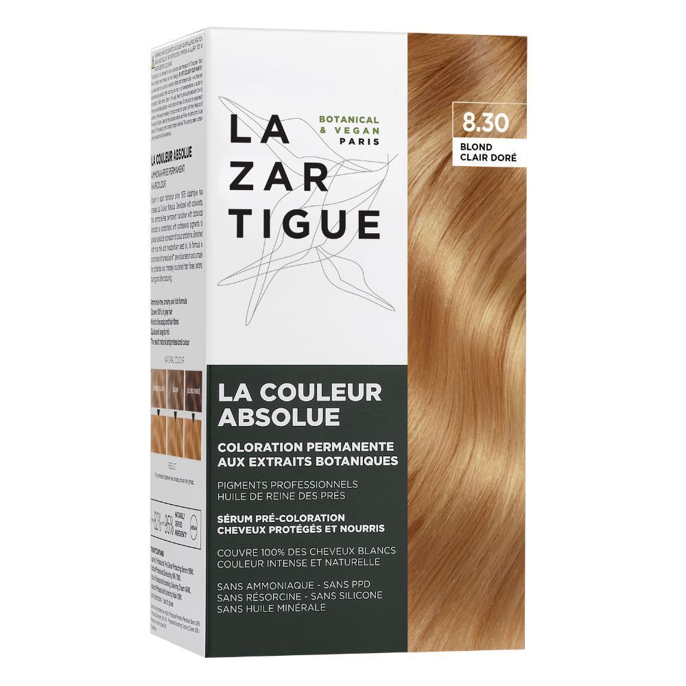 LAZARTIGUE Coloration 8.30 Blond Clair Doré : emballage avec extraits botaniques et label Vegan.
