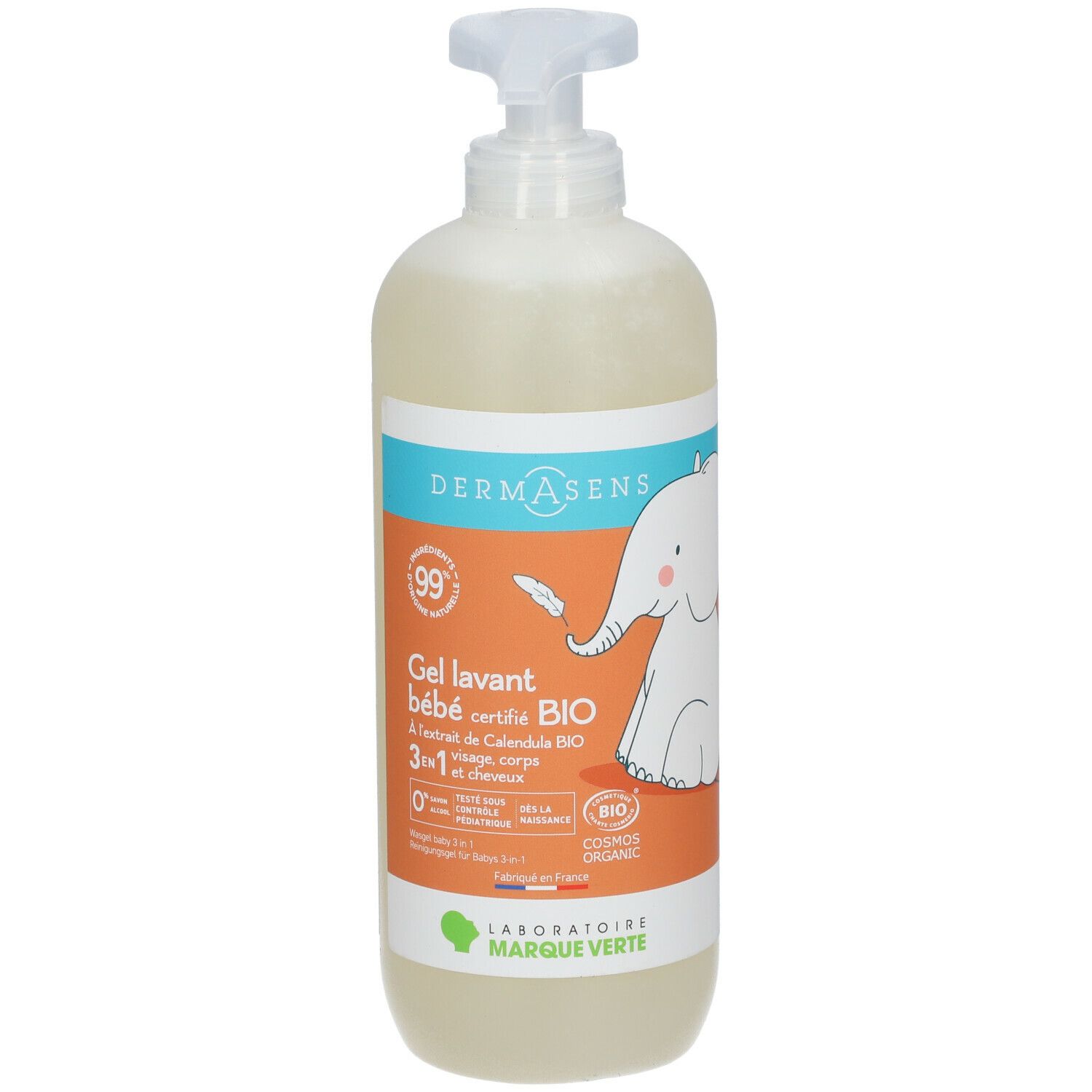 Flacon pompe de gel lavant bébé. Inscription: 3 en 1, Bio. Illustration d'un éléphant. Label avec 99%.