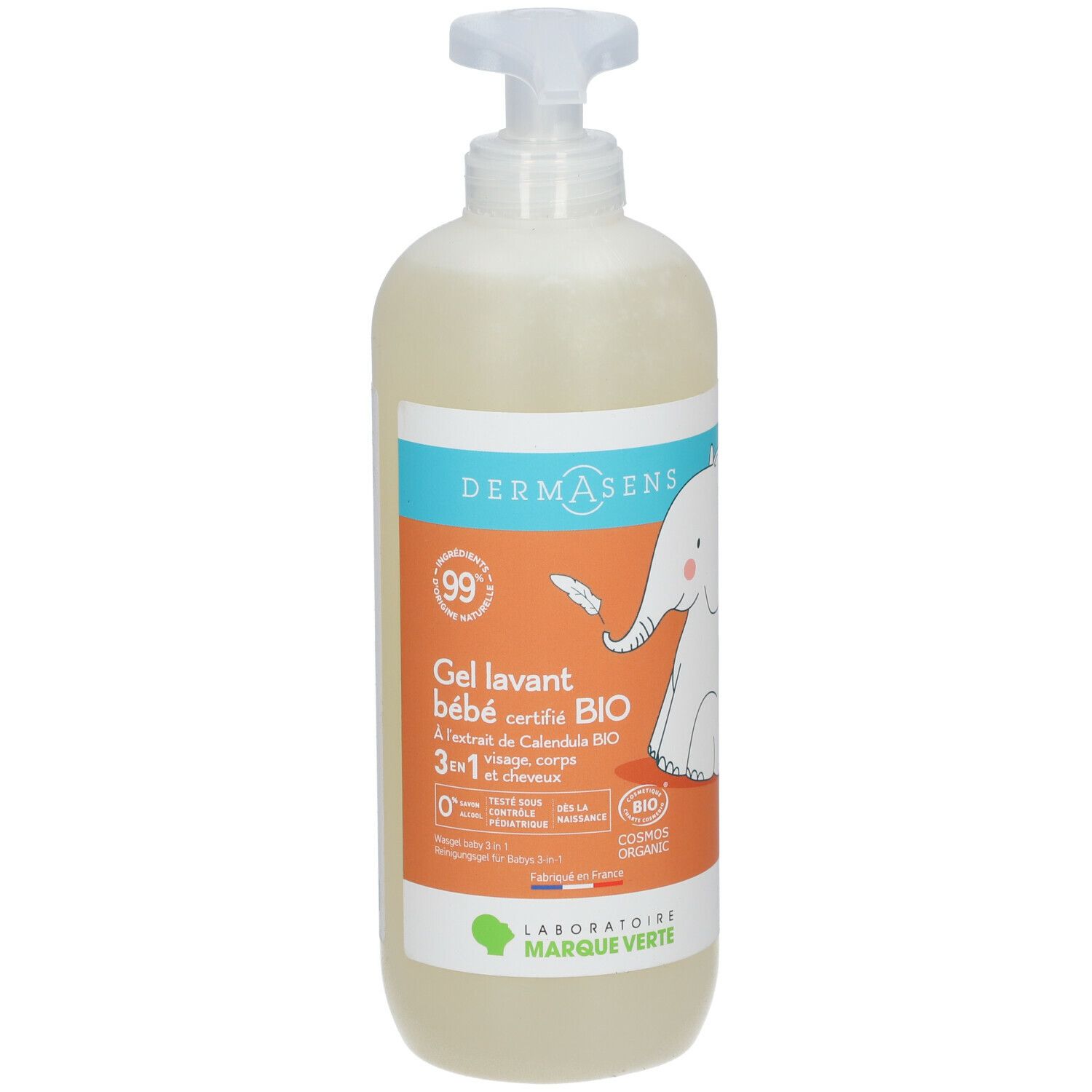 Flacon pompe de gel lavant bébé. Inscription: 3 en 1, Bio. Illustration d'un éléphant. Label avec 99%.