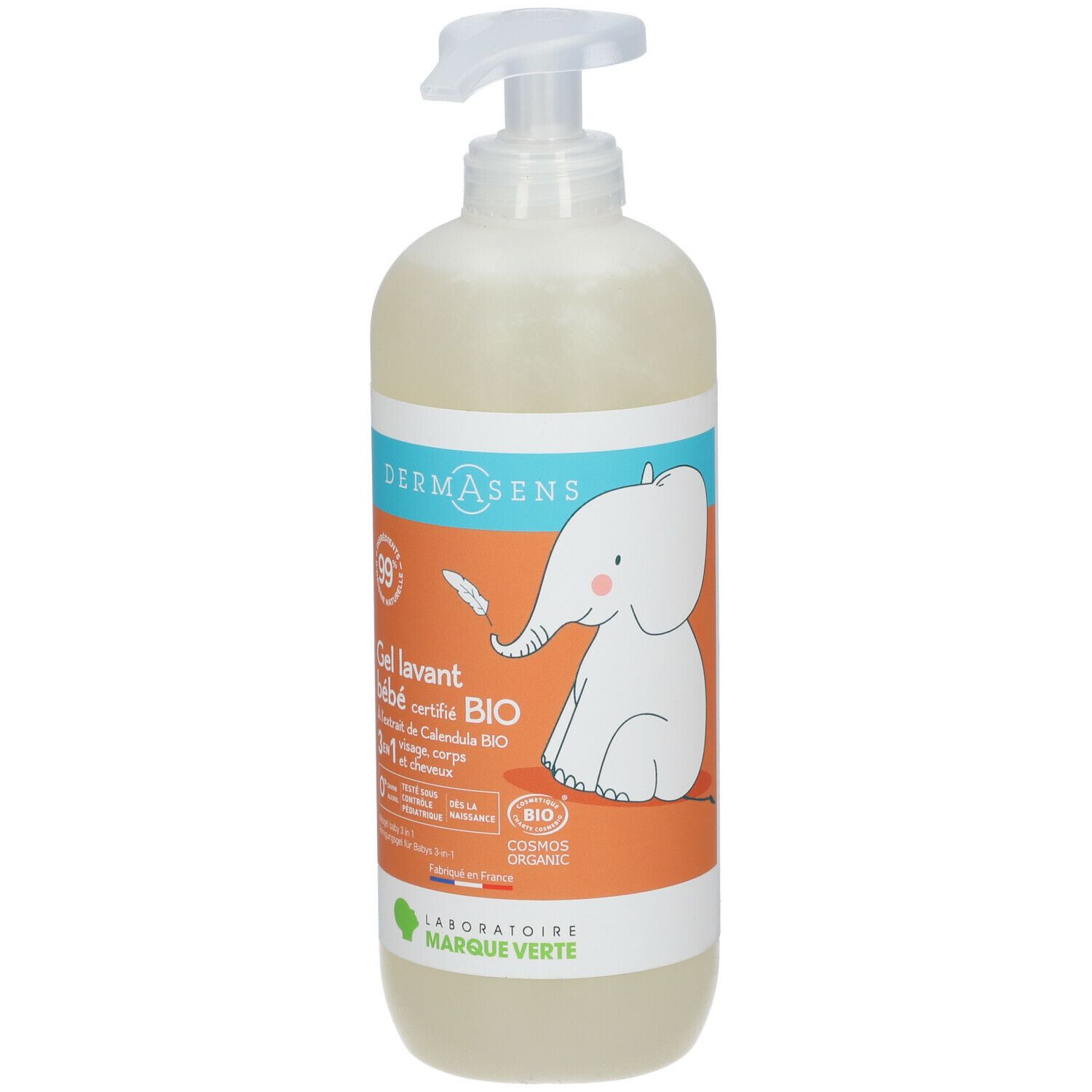 Flacon pompe de gel lavant bébé. Inscription: 3 en 1, Bio. Illustration d'un éléphant. Label avec 99%.