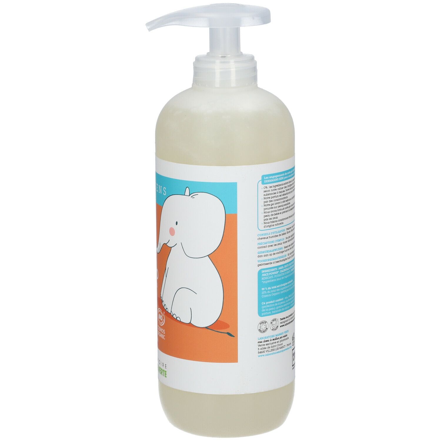 Flacon pompe. Verso avec texte. Illustration d'un éléphant. Inscription: 3 en 1, Bio. Label avec 99%.