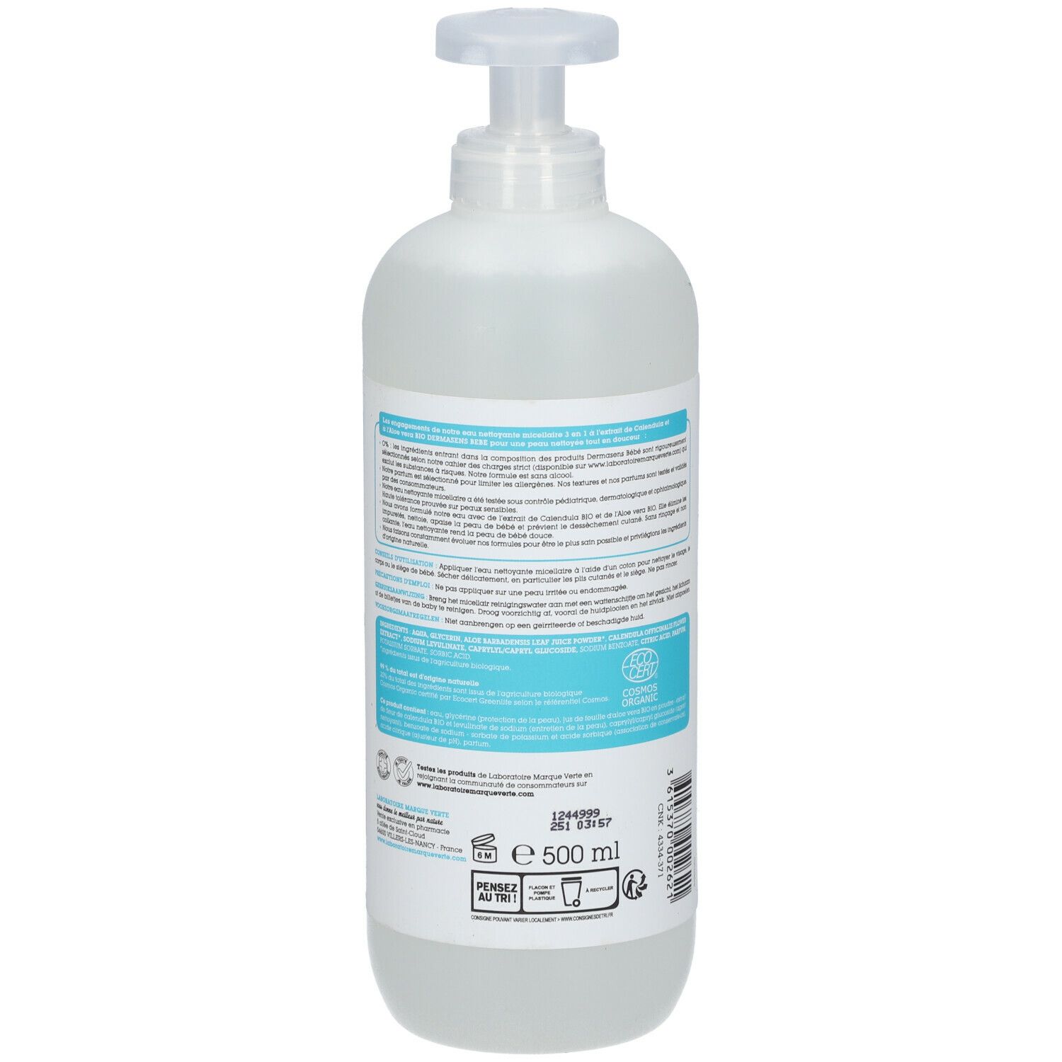 DERMASENS Eau nettoyante micellaire certifiée bio bébé 3 en 1 500 ml