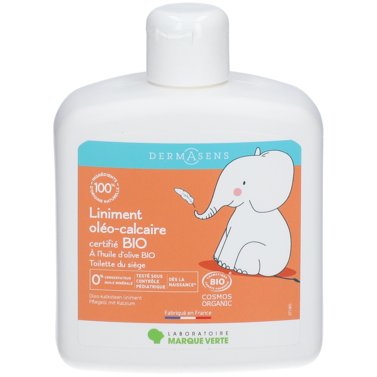 Flacon blanc avec étiquette bleu-orange. Inscription : Liniment oléo-calcaire certifié BIO. Illustration d'un éléphant.