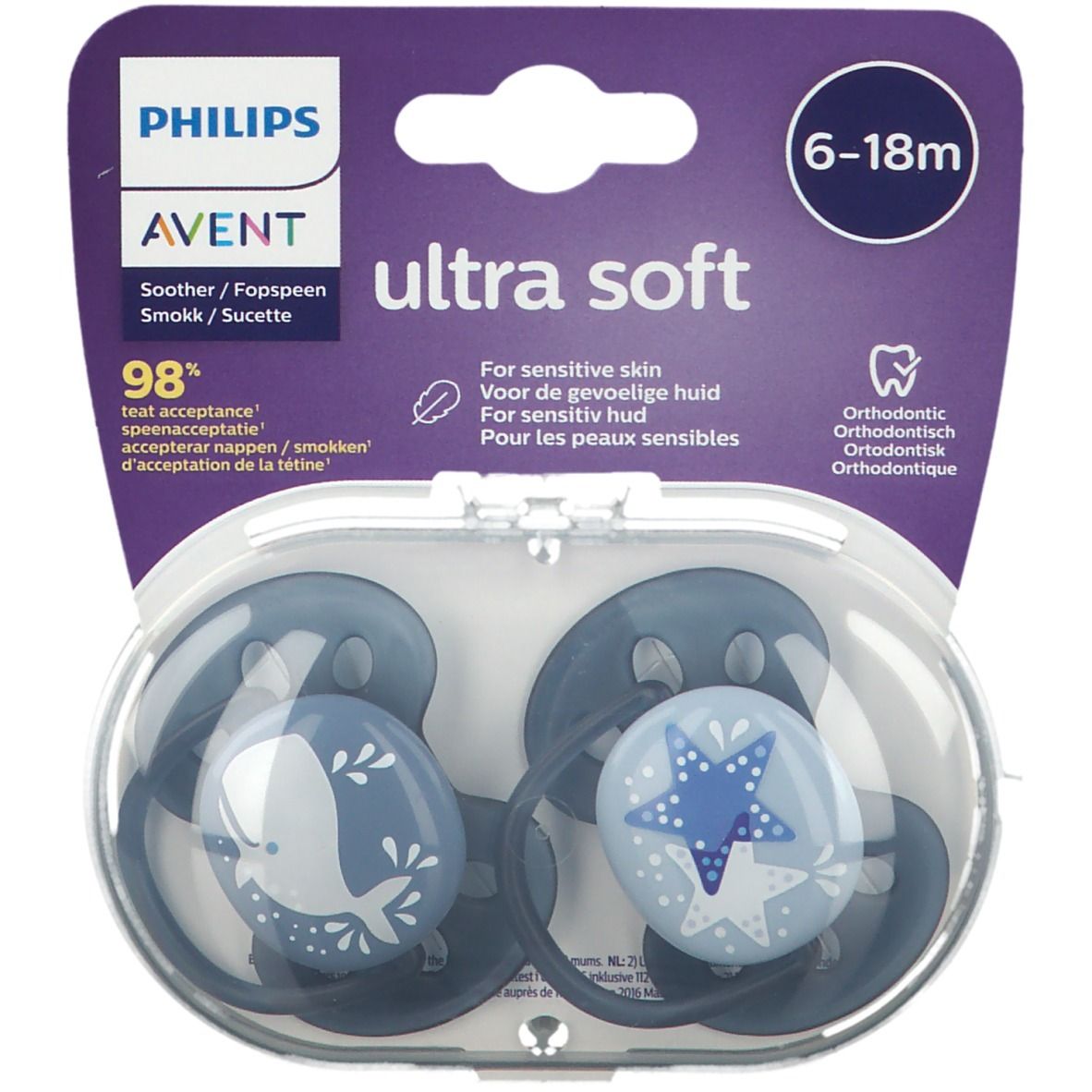 Deux sucettes bleues dans un emballage transparent. L'emballage porte la mention "AVENT Ultra Soft" et "6-18m".