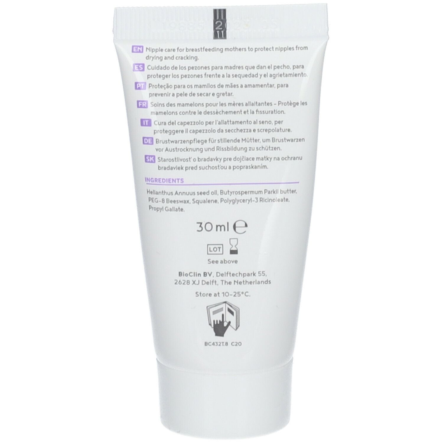 Tube de crème avec textes multilingues. Contient 30 ml. Ingrédients listés.