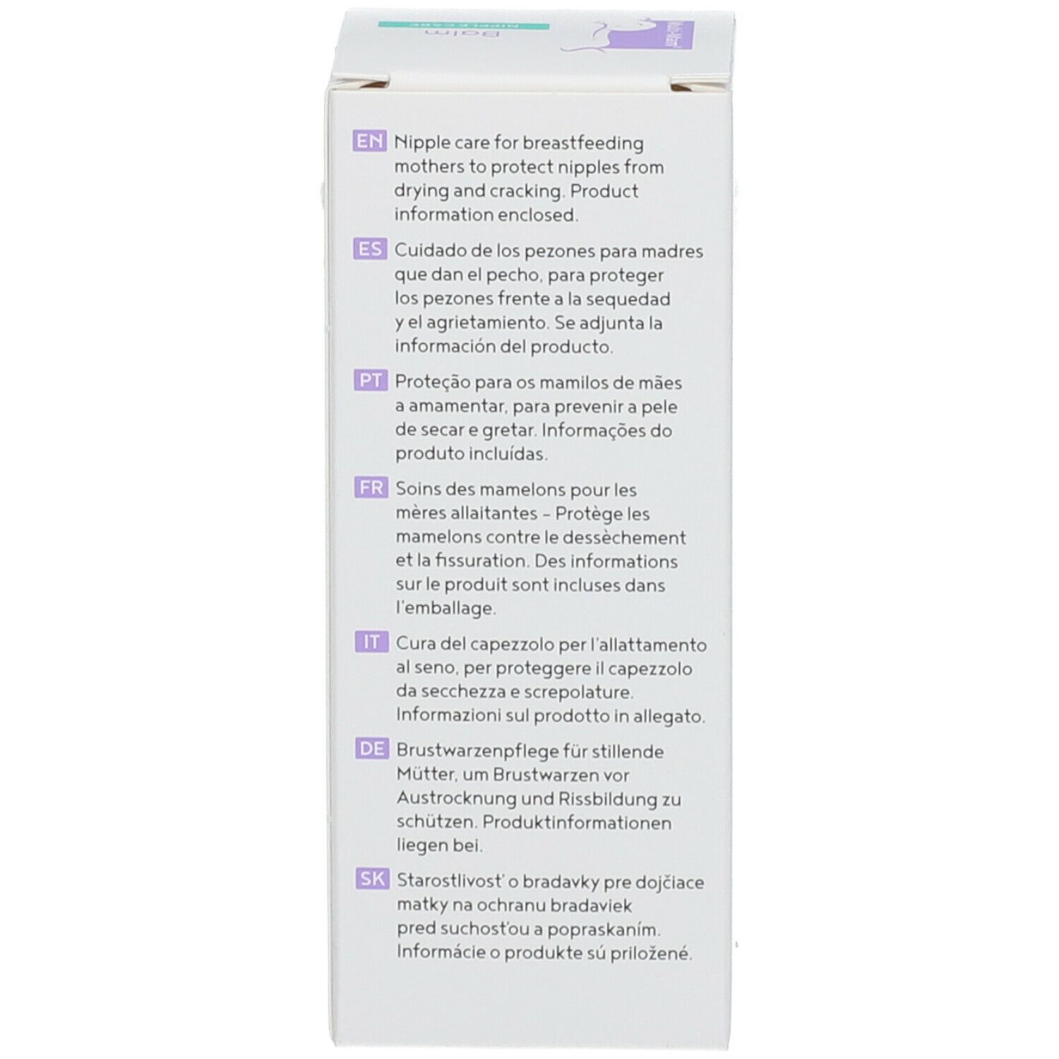 Dos de la boîte Multi-Mam® Balm. Informations produit multilingues.