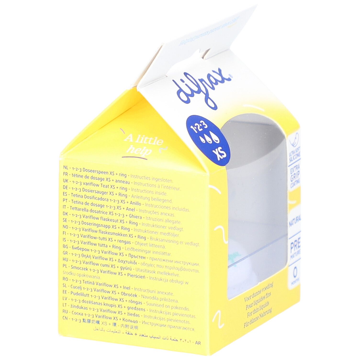 Emballage ouvert Difrax 1-2-3 XS. Design jaune et blanc. Texte multilingue.