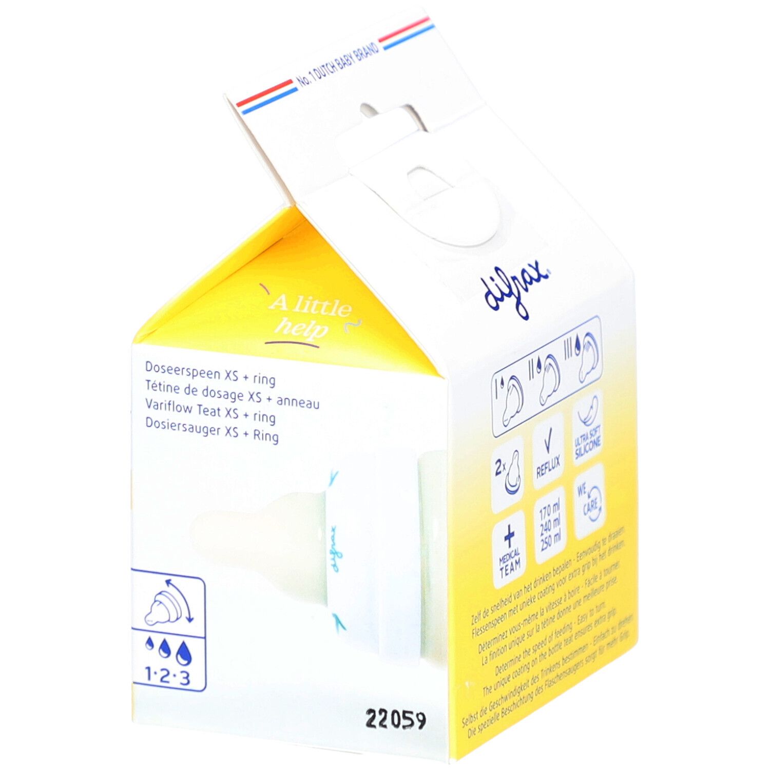 Emballage ouvert avec tétine. Marque Difrax. Design jaune et blanc. Texte: Doseur XS + anneau.