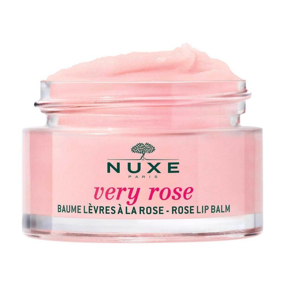 Baume à lèvres Nuxe : pot en verre avec couvercle rose, étiquette avec inscription française.