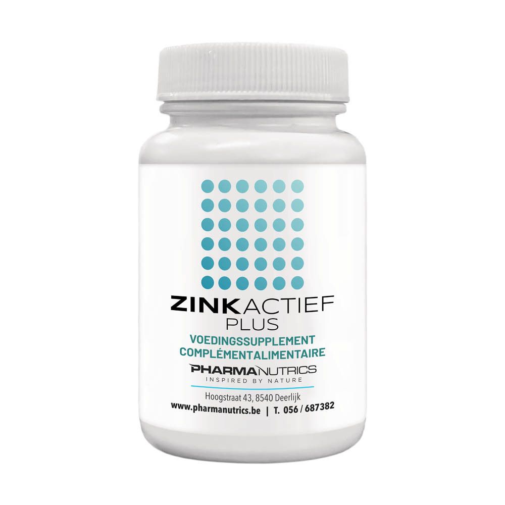 Flacon blanc PharmaNutrics Zink Actief Plus. Inscription bleue et grise. Inscription: Zink Actief Plus. 100 comprimés.