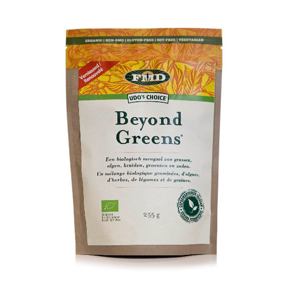 Sachet de Udo's Choice Beyond Greens. Inscriptions : "Organic", "Non-GMO", "Sans gluten", "Sans soja", "Végétarien". 255 g.