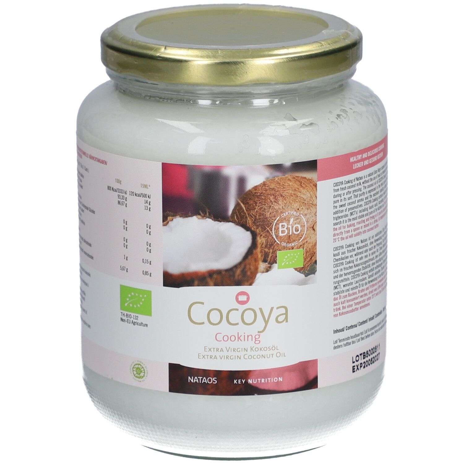 Pot de Cocoya Cooking Extra Virgin Coconut Oil. Étiquette avec informations nutritionnelles, label bio et illustration de noix de coco.
