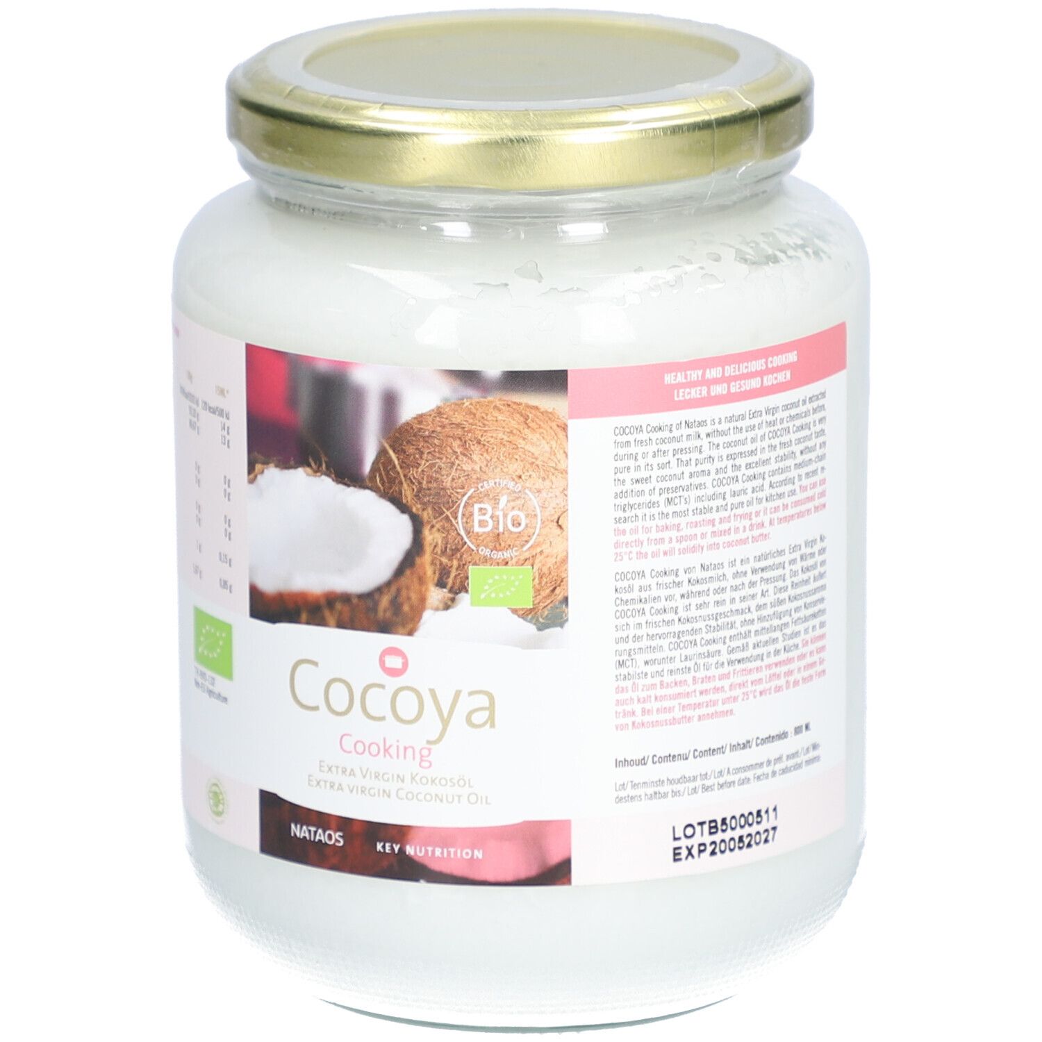 Pot de Cocoya Cooking Extra Virgin Coconut Oil. Étiquette avec informations nutritionnelles, label bio et illustration de noix de coco. Date de péremption.