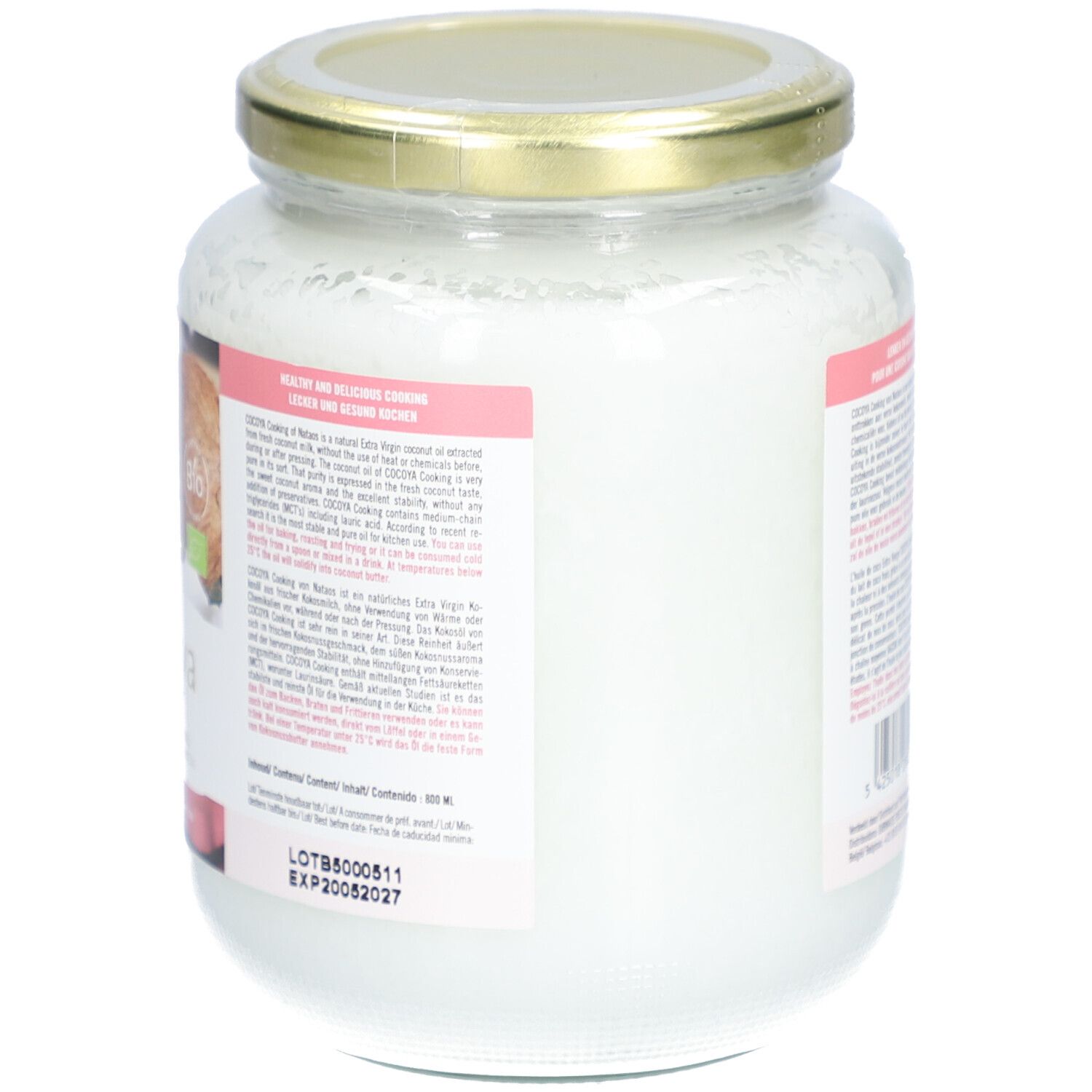 Pot de Cocoya Cooking Extra Virgin Coconut Oil. Dos avec texte, code-barres, label bio et date de péremption. Illustration de noix de coco.