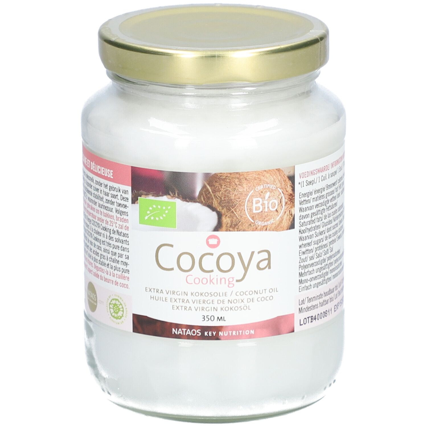 Pot de verre d'huile de coco. Étiquette "Cocoya Cooking", logo bio et noix de coco. Couvercle doré.