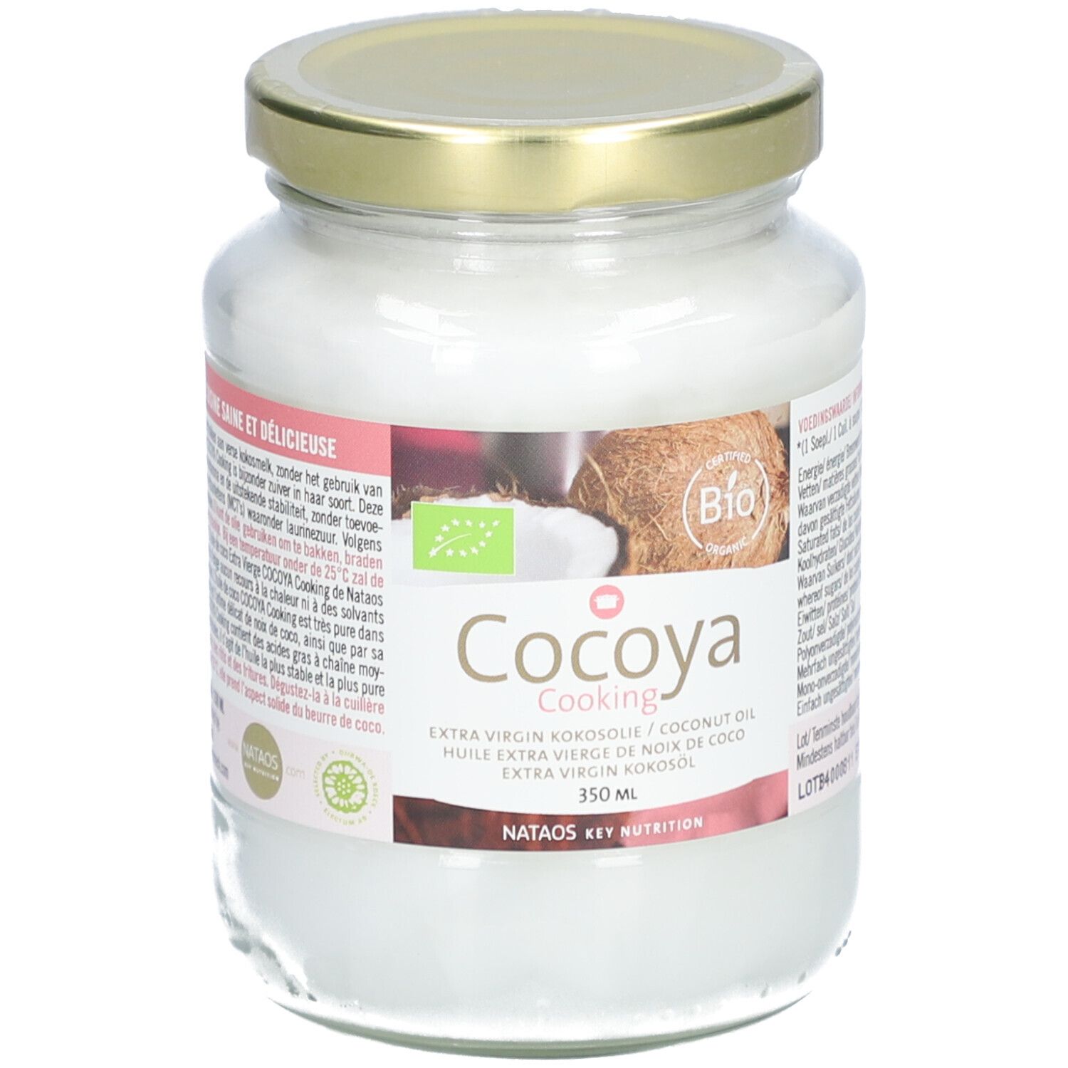 Pot de verre d'huile de coco. Étiquette "Cocoya Cooking", logo bio et noix de coco. Couvercle doré.