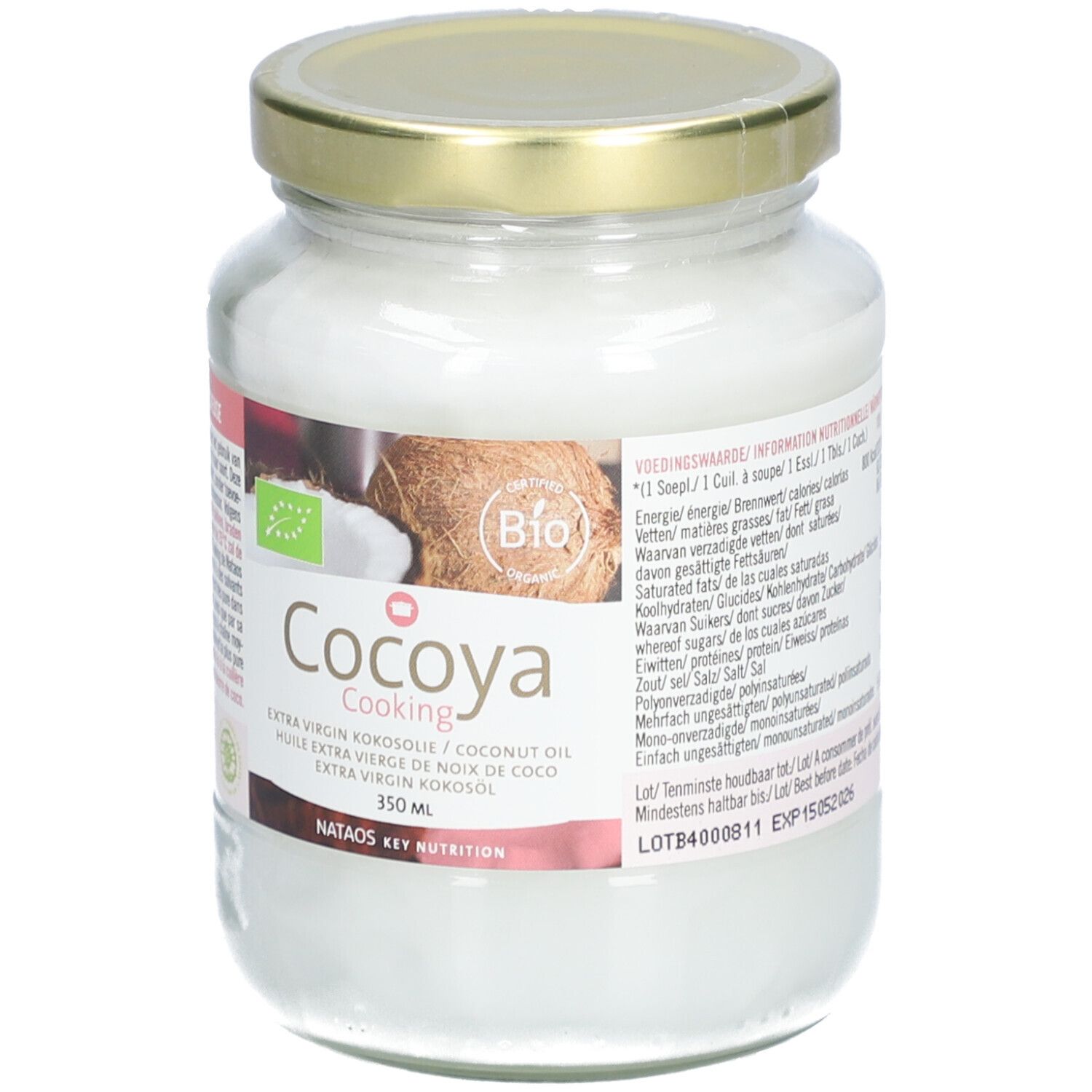 Pot de verre d'huile de coco. Étiquette "Cocoya Cooking", logo bio et informations nutritionnelles. Couvercle doré.