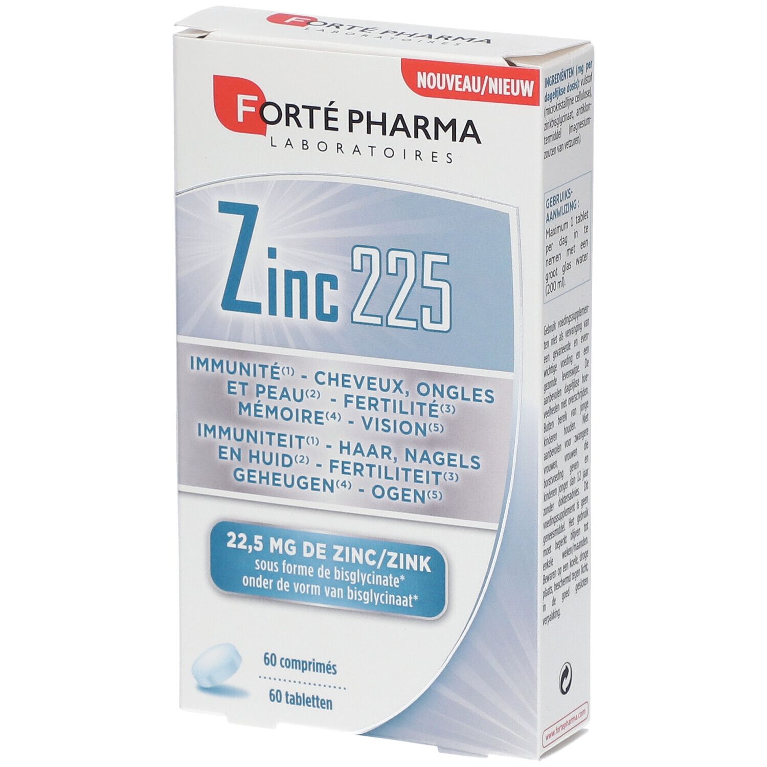 Boîte de "Forté Pharma Zinc 225". Contient 60 comprimés. Texte en français et néerlandais. "Nouveau/Nieuw" en haut à droite.