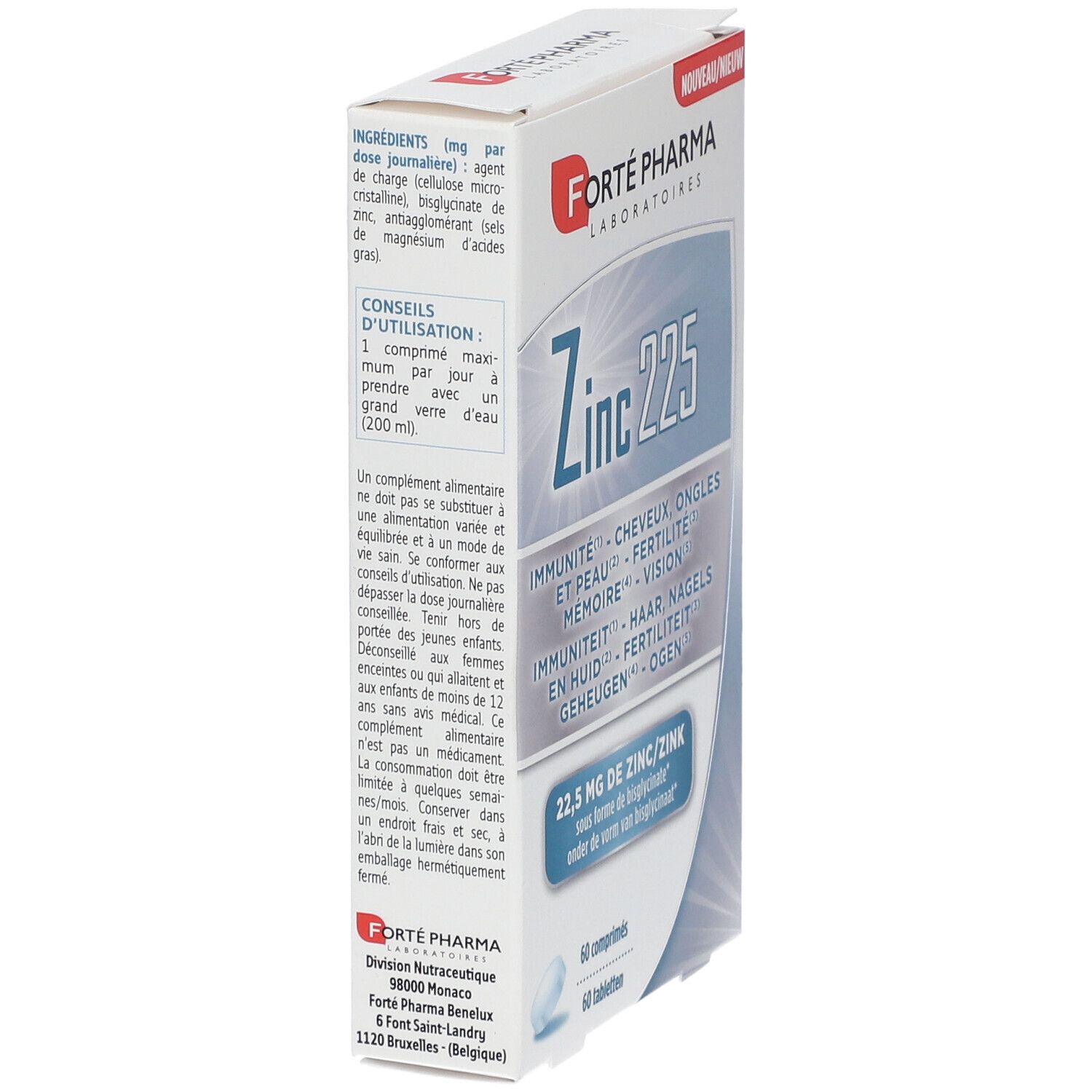 Vue latérale de la boîte "Forté Pharma Zinc 225". Contient des informations sur les ingrédients et l'utilisation. Texte en français et néerlandais.