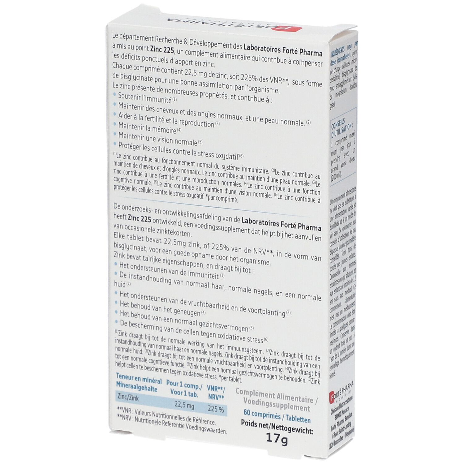 Dos de la boîte "Forté Pharma Zinc 225". Contient des informations sur le produit et les valeurs nutritionnelles. Texte en français et néerlandais.
