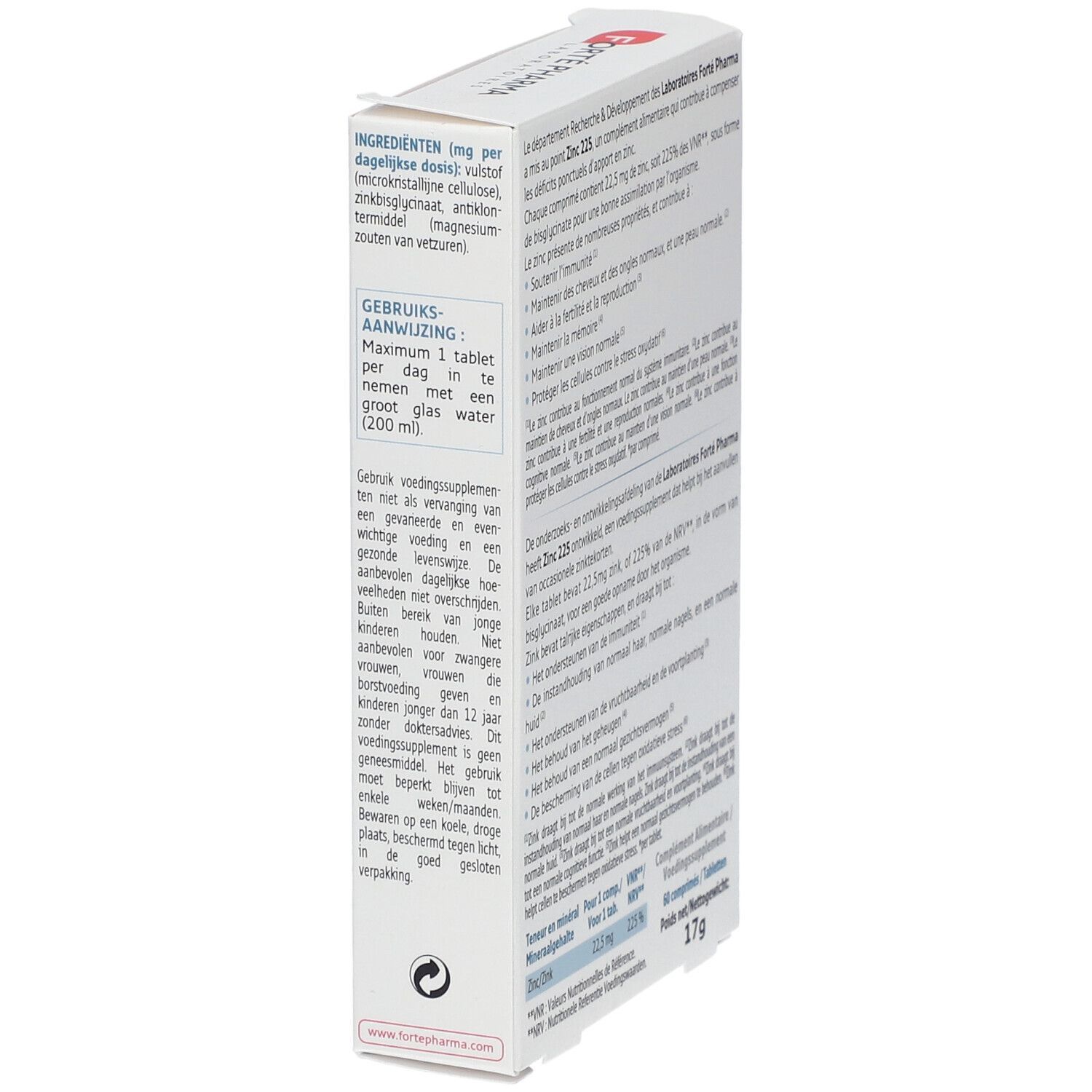 Vue latérale de la boîte "Forté Pharma Zinc 225". Contient des informations sur les ingrédients et l'utilisation. Texte en français et néerlandais.