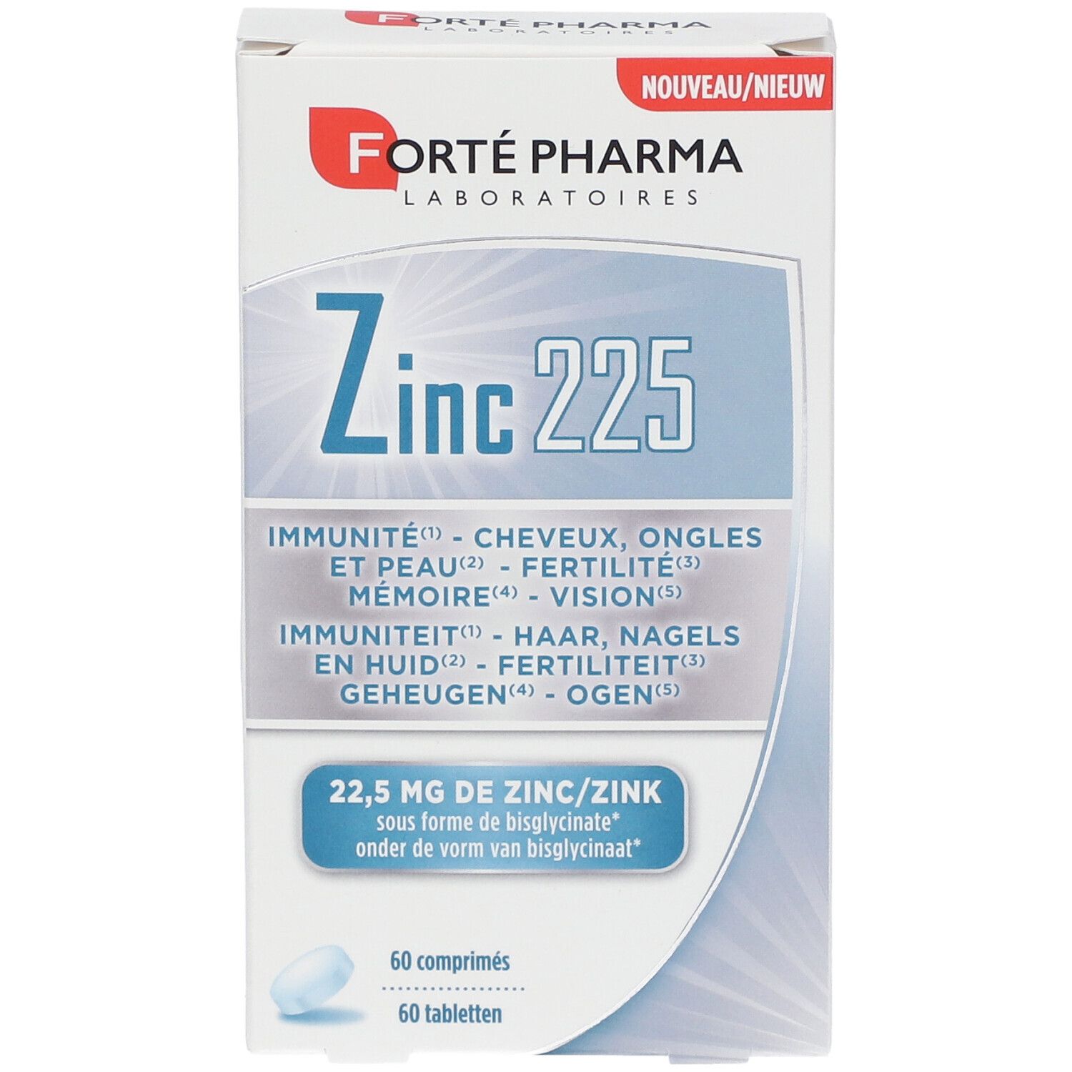Boîte de "Forté Pharma Zinc 225". Contient 60 comprimés. Texte en français et néerlandais. "Nouveau/Nieuw" en haut à droite.