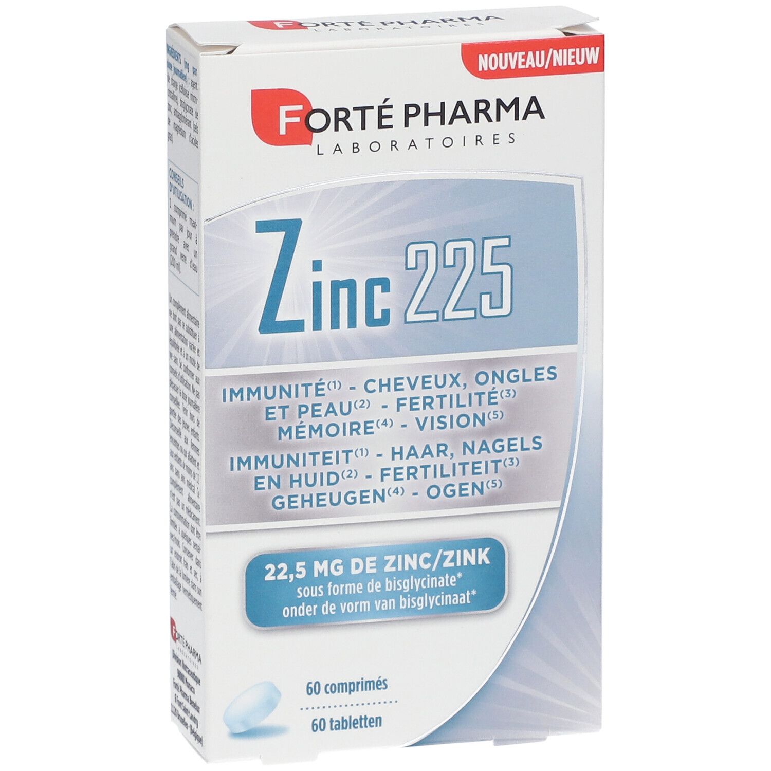 Boîte de "Forté Pharma Zinc 225". Contient 60 comprimés. Texte en français et néerlandais.