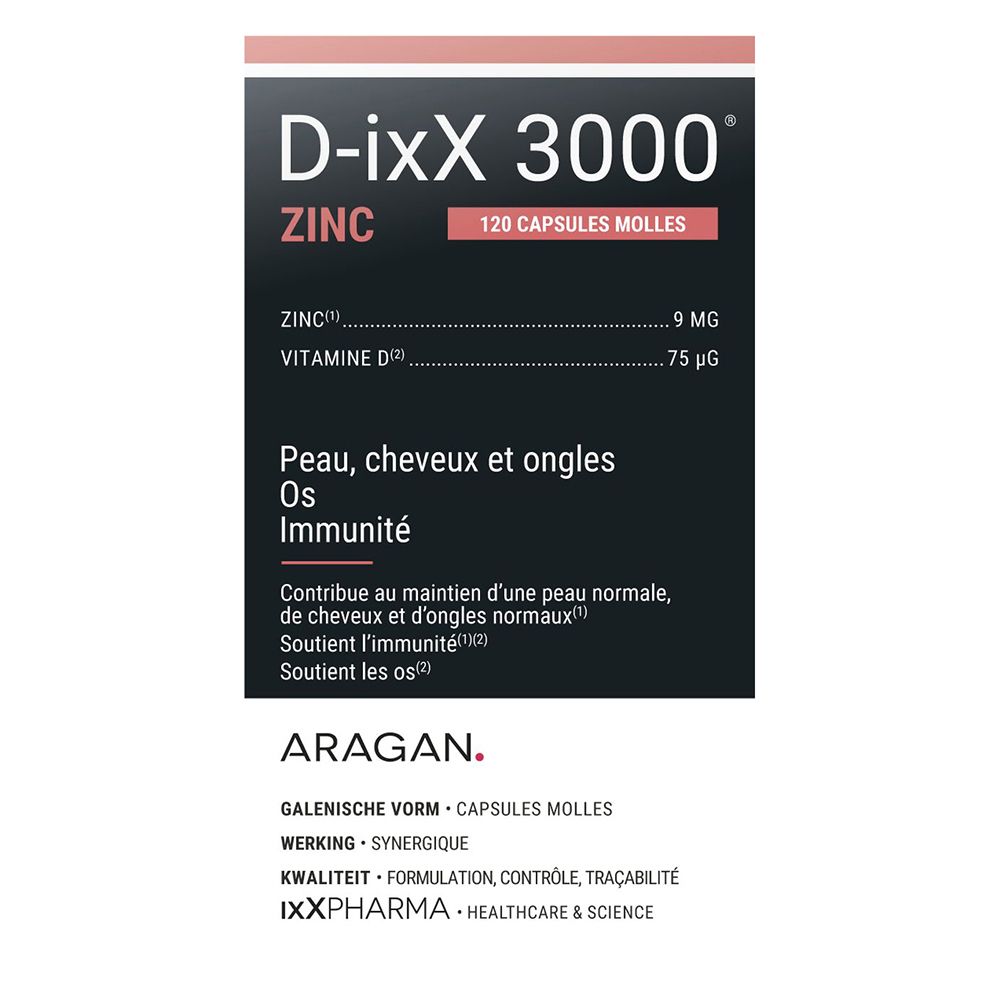 Boîte D-ixX 3000 ZINC, 120 capsules. Zinc et vitamine D. Pour peau, cheveux, ongles, os et immunité.