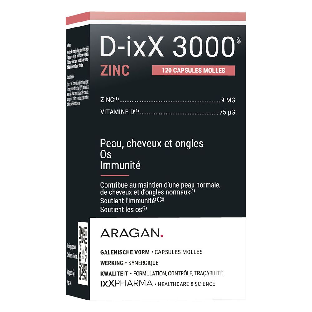 Boîte D-ixX 3000 ZINC, 120 capsules. Zinc et vitamine D. Pour peau, cheveux, ongles, os et immunité.