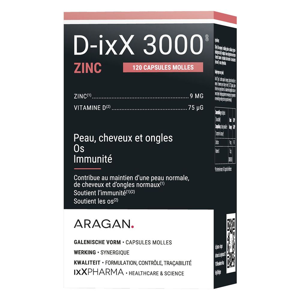 Boîte D-ixX 3000 ZINC, 120 capsules. Zinc et vitamine D. Pour peau, cheveux, ongles, os et immunité.