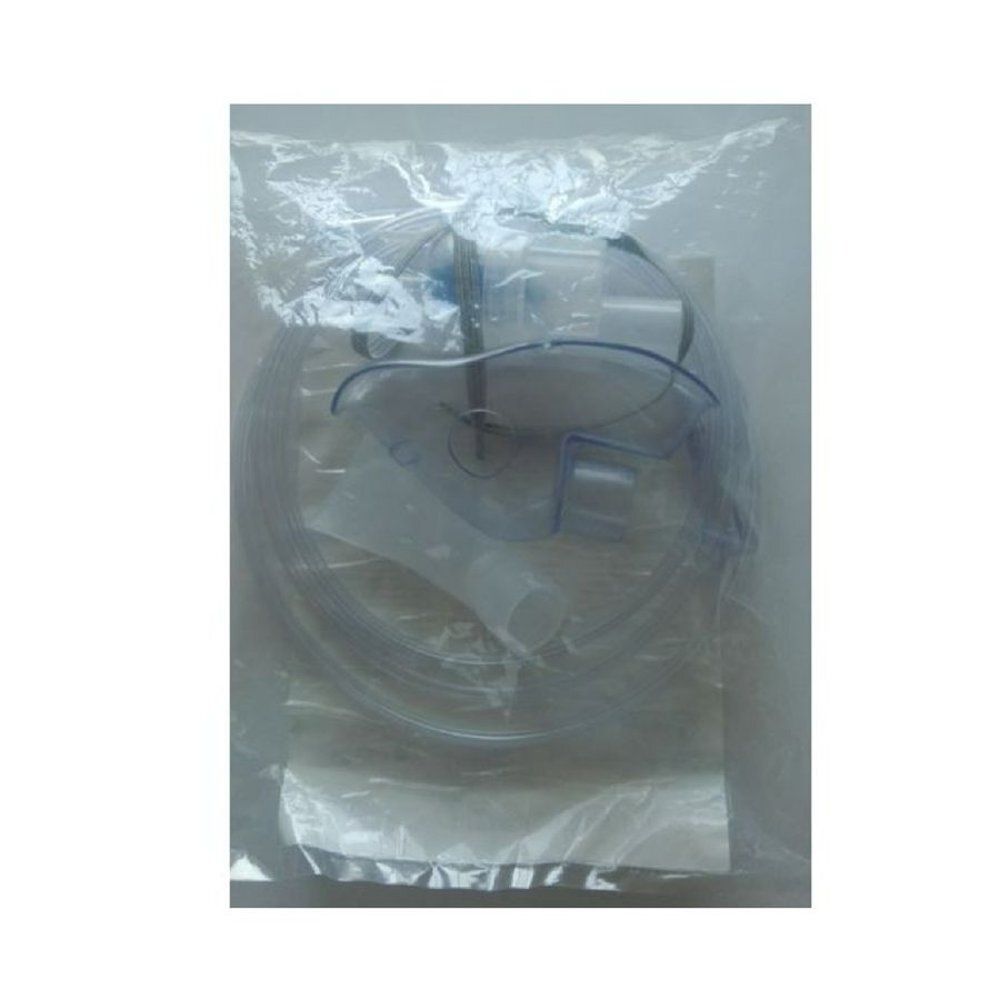 Kit d'inhalation transparent, emballé dans un sac plastique. Comprend un masque, un tube et d'autres composants.