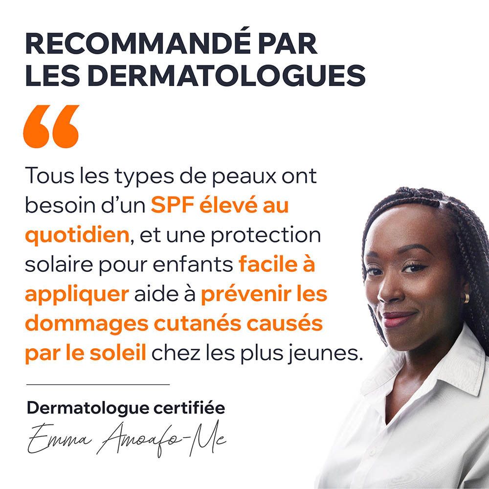 Femme avec citation : toutes les peaux ont besoin d'un SPF élevé quotidien. Dermatologue certifiée.