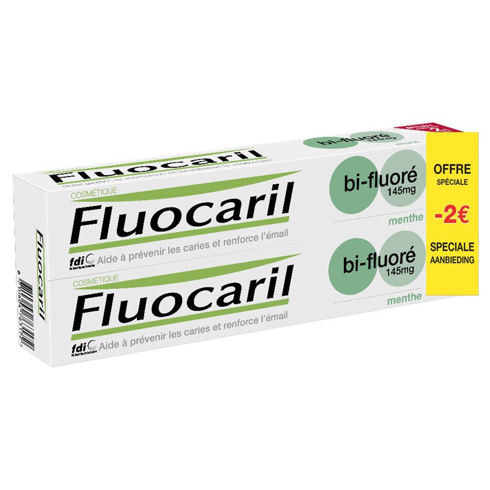 Pack de deux tubes de dentifrice Fluocaril bi-fluoré 145mg, menthe. Avec étiquette promotionnelle jaune.