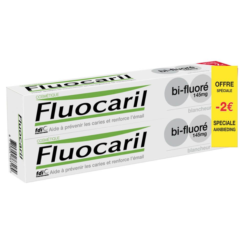 Boîte de deux tubes de dentifrice Fluocaril bi-fluoré. Emballage blanc et vert. Contient 145mg de fluorure.