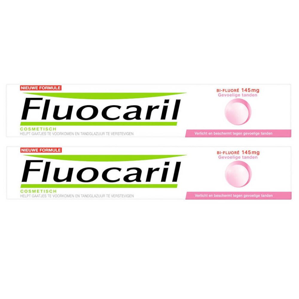 Deux tubes de dentifrice Fluocaril. Inscription: Fluocaril, bi-fluoré 145mg. Cercle rose avec texte. Nouvelle formule.