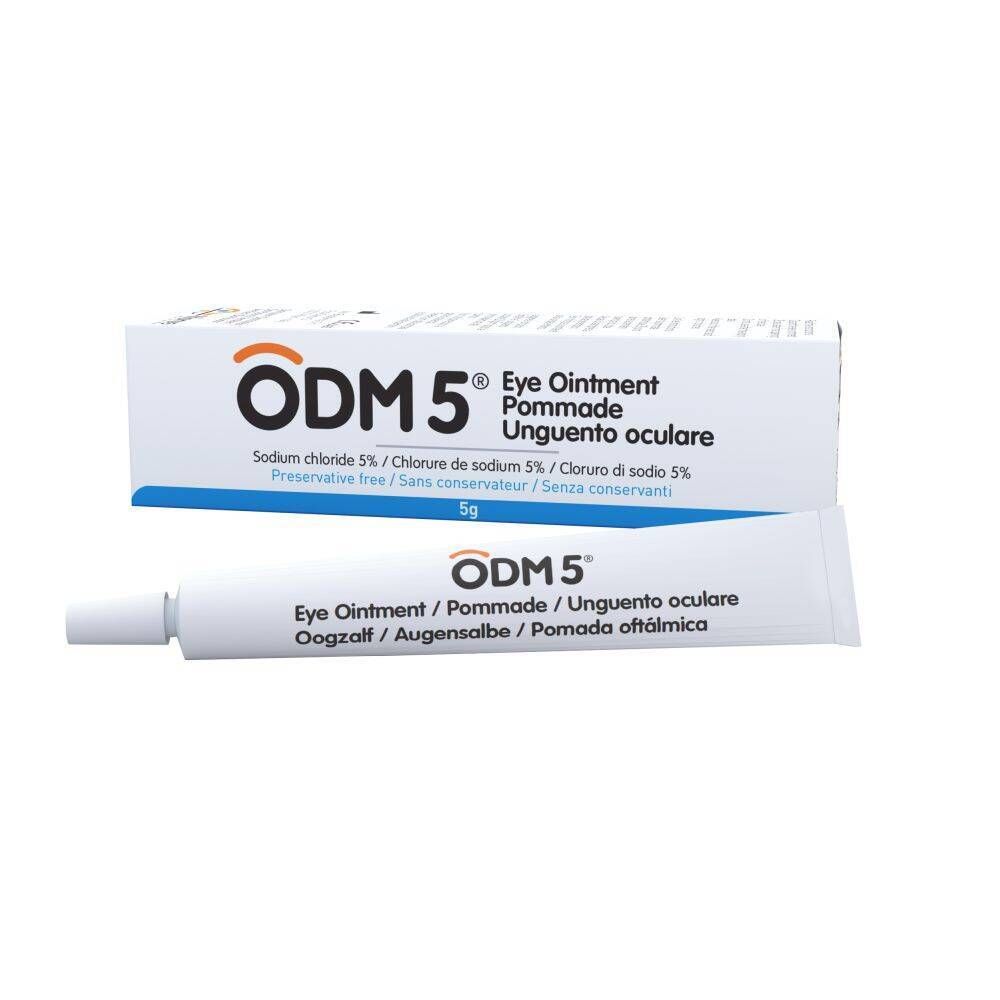 ODM5® Pommade ophtalmique et emballage. Tube et boîte avec nom du produit, ingrédients et dosage.
