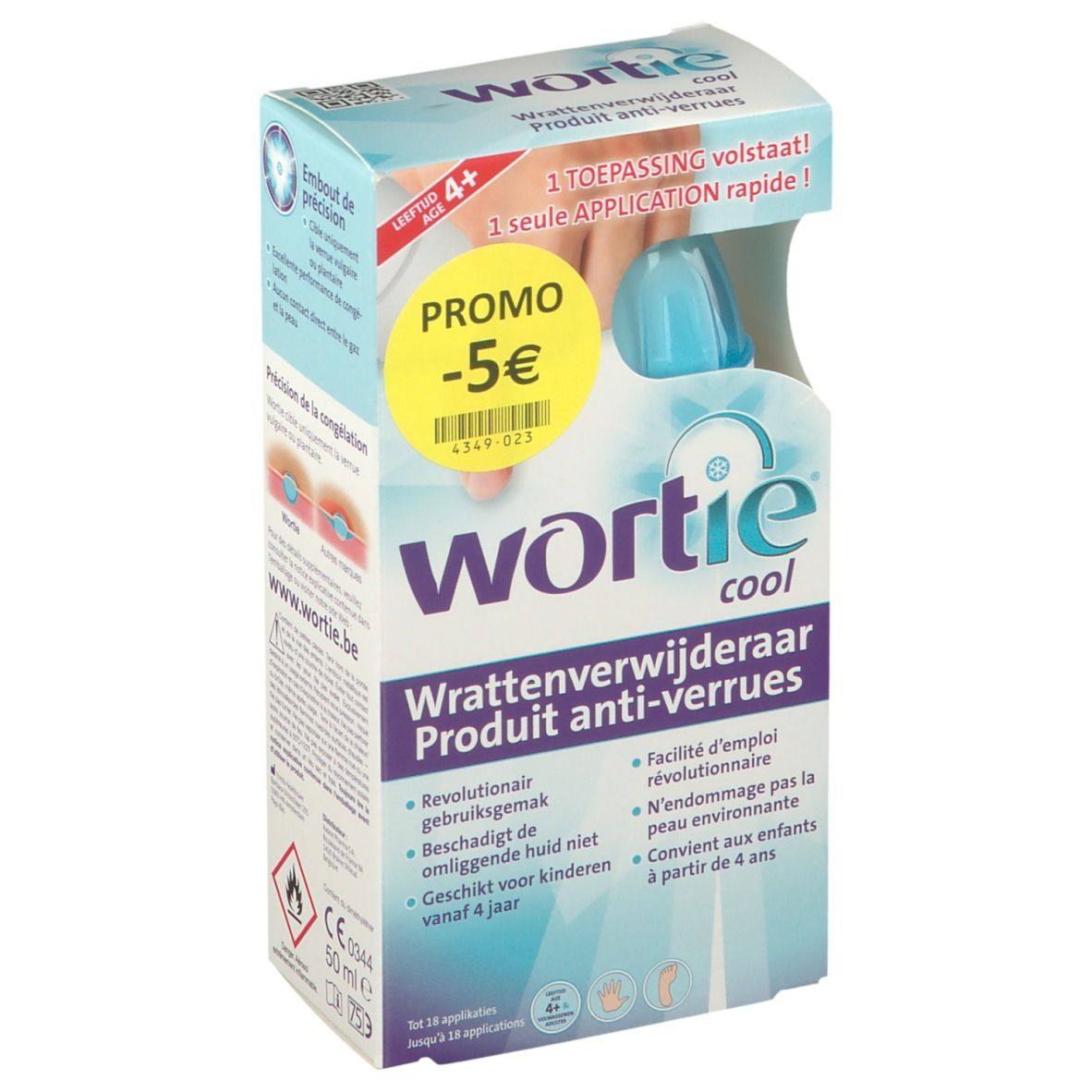 Emballage Wortie Cool. Produit anti-verrues. Contient une bouteille bleue. Autocollant promo -5€.
