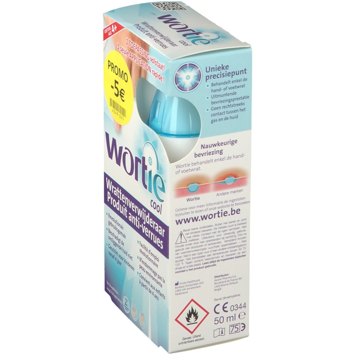 Dos de l'emballage Wortie Cool. Produit anti-verrues. Contient des informations et une bouteille bleue.