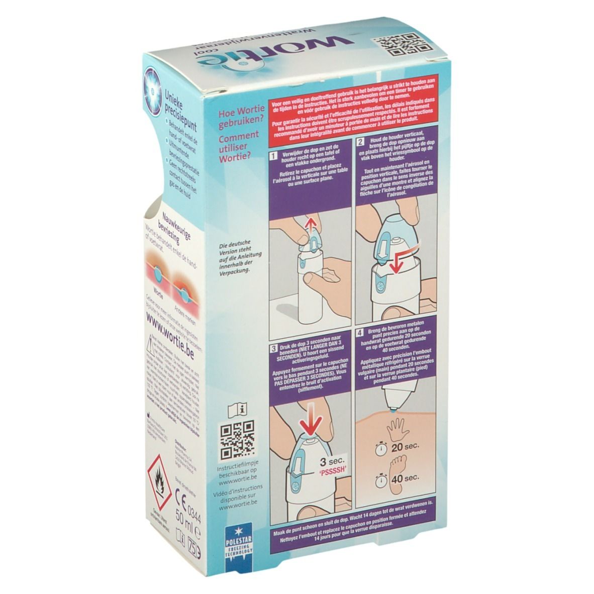 Côté de l'emballage Wortie Cool. Produit anti-verrues. Contient des instructions et une bouteille bleue.