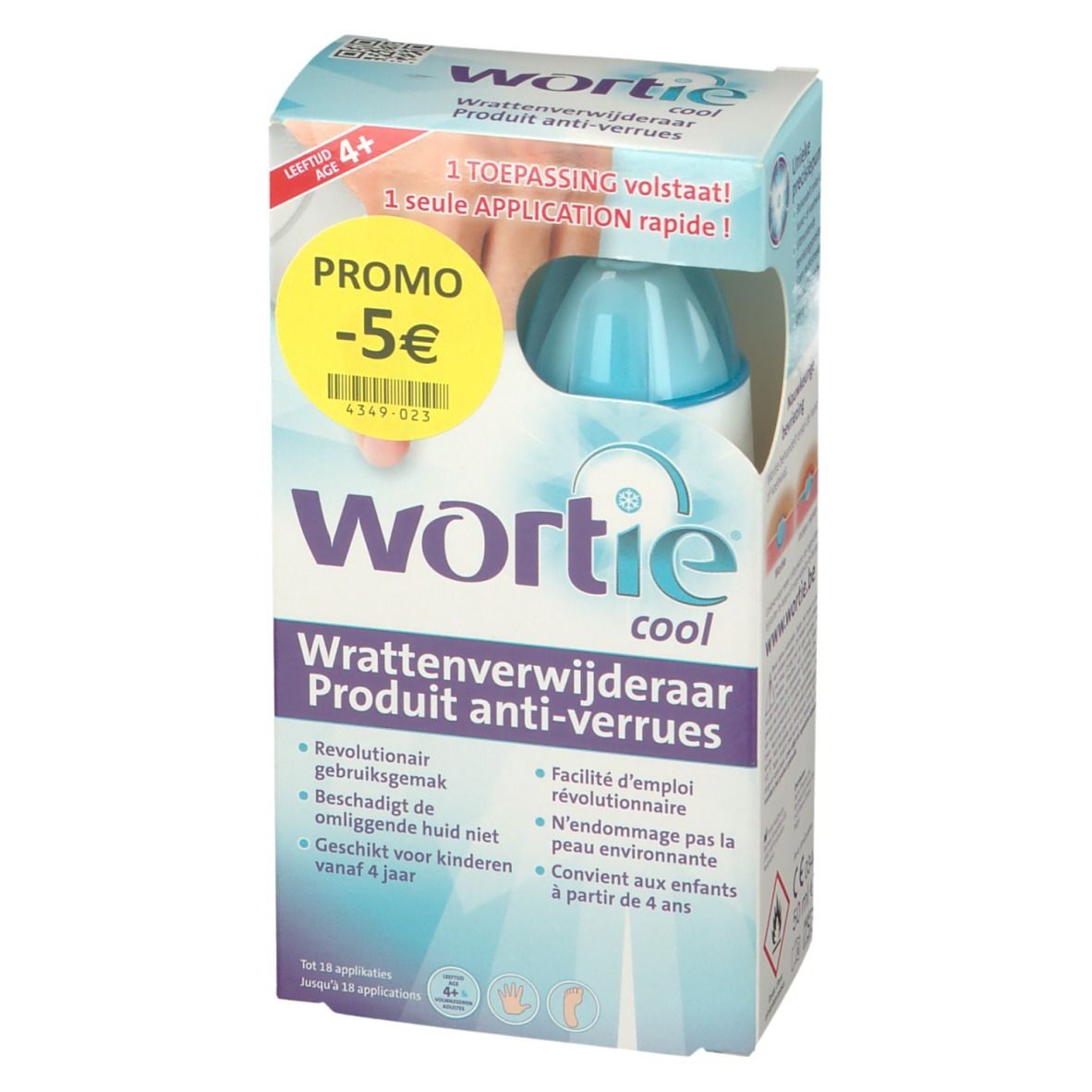 Face avant de l'emballage Wortie Cool. Produit anti-verrues. Contient une bouteille bleue. Autocollant promo -5€.
