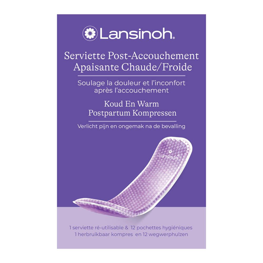 Emballage violet Lansinoh. Serviette Post-Accouchement, Chaud/Froid. Texte et produit.