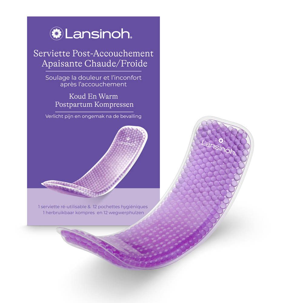 Emballage violet et produit. Lansinoh Serviette Post-Accouchement. Texte: Koud En Warm.