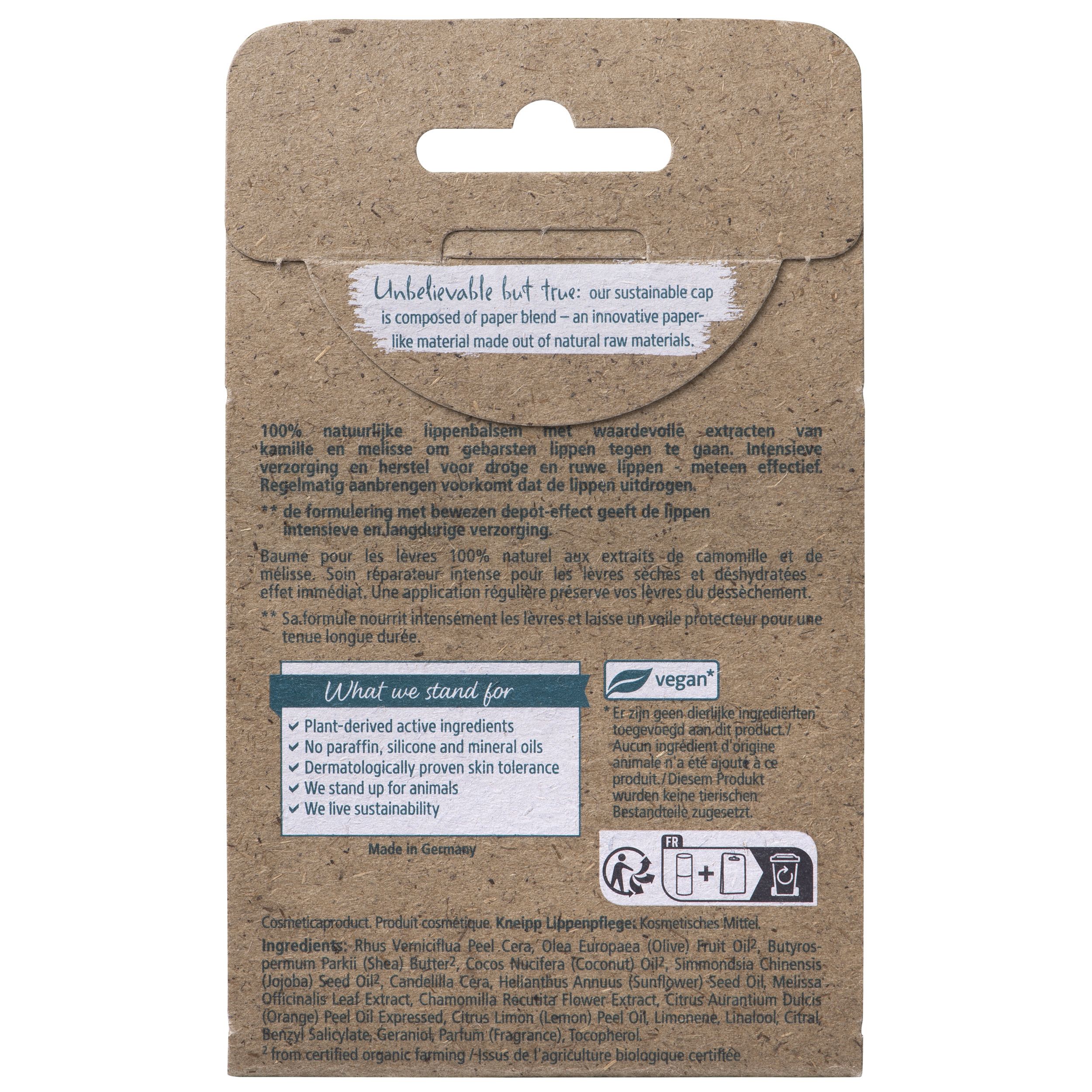 Dos de l'emballage du soin des lèvres. Texte en allemand et français. Label vegan. Ingrédients et informations fabricant.