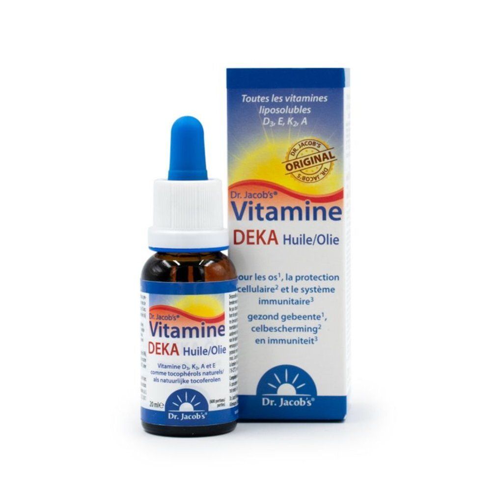 Dos de la bouteille d'huile Vitamine DEKA Dr. Jacob's. Contient vitamines D, K, A, E.