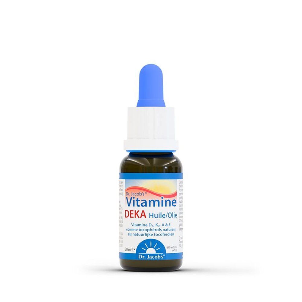 Côté de la bouteille d'huile Vitamine DEKA Dr. Jacob's. Informations sur les ingrédients.