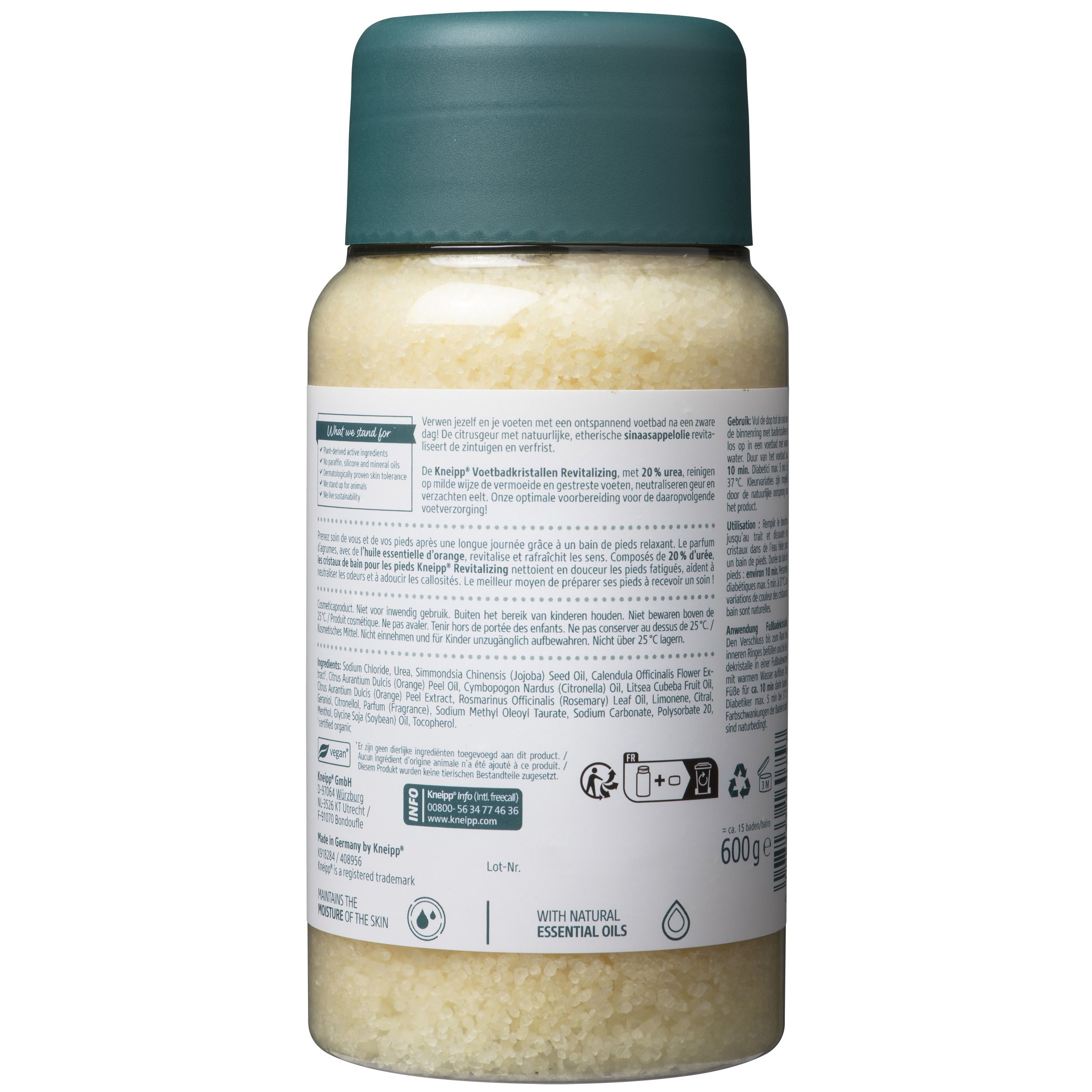 Dos de la bouteille de cristaux pour bain de pieds Kneipp®. Informations sur le produit, ingrédients et coordonnées du fabricant. Poids : 600g.
